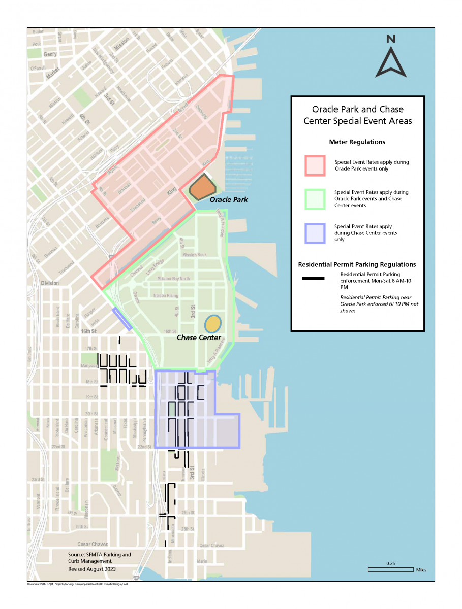 Oracle Park and Chase Center Special Event Areas Meter regulations; Special event rates apply during Oracle Park events only in area bounded by King, The Embarcadero, Bryant, 5th, Berry, China Basin, 3rd. Special event rates apply during Oracle Park or Chase Center events in area bounded by China Basin, Terry A Francois, Mariposa, and 7th. Special event rates apply during Chase Center events only in two areas; first, bounded by 7th, 16th, Carolina, and Channel, plus 16th Street west to Vermont; second, boun