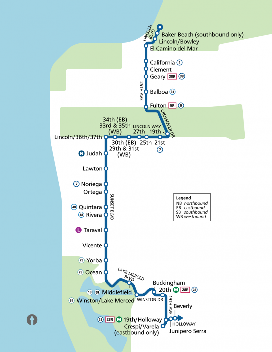 Map shows that beginning August 19, the 29 Sunset will only use the following stops between Baker Beach and Holloway Avenue: Bowley St & Lincoln Blvd, Bowley St & Gibson Rd, Lincoln Blvd & Bowley St, 25th Ave & El Camino Del Mar,25th Ave & Lake St, 25th Ave & California St, 25th Ave & Clement St,25th Ave & Geary Blvd, 25th Ave & Balboa St,25th Ave & Fulton St, Lincoln Way & 19th Ave Lincoln Way & 21st Ave Lincoln Way & 25th Ave Lincoln Way & 27th Ave, Lincoln Way & 29th Ave, Lincoln Way & 31st Ave, Lincoln 