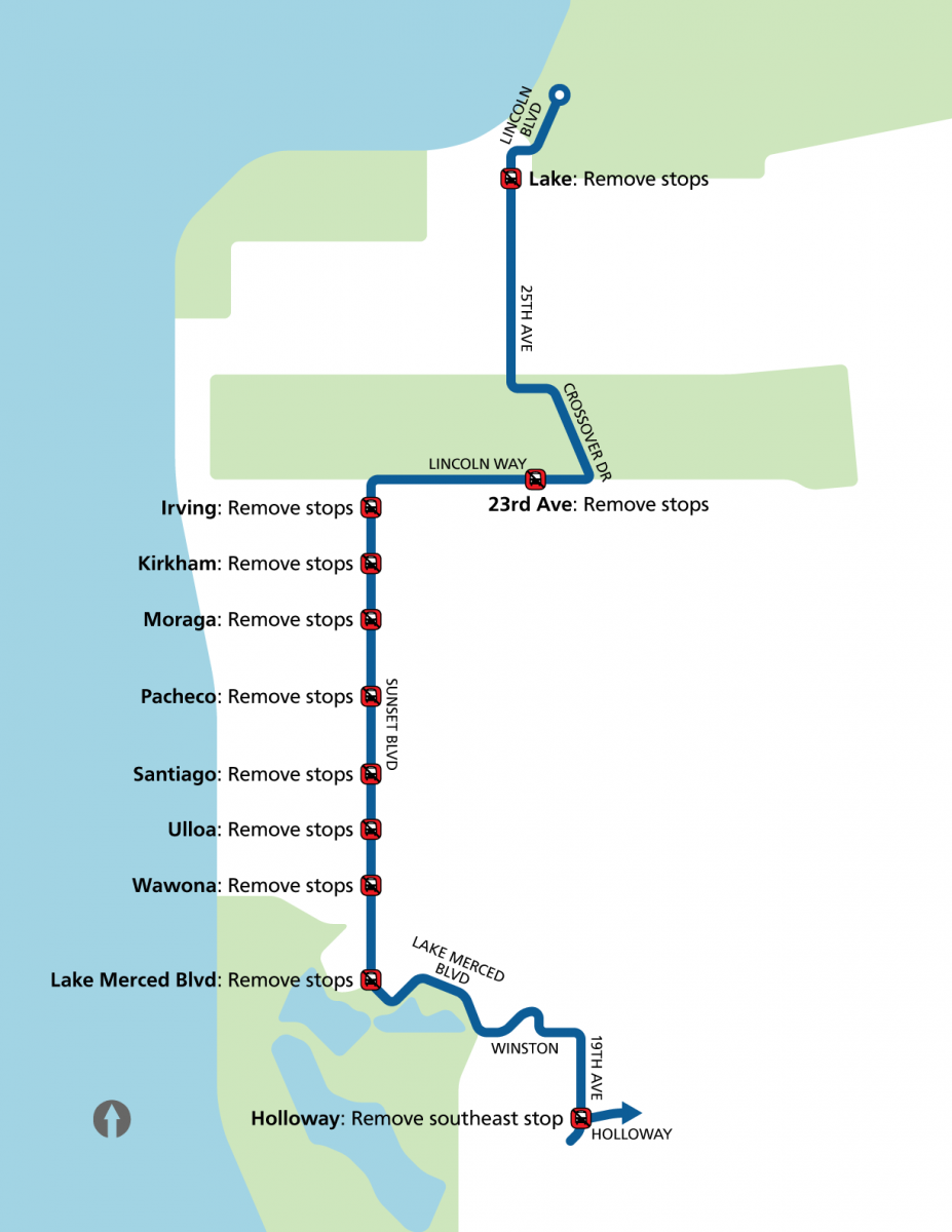 Map shows that beginning August 19, 2023, the 29 Sunset will no longer serve 11 bus stops, which are detailed in text in the following table.