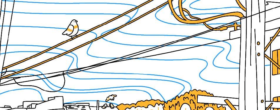 Line drawing of a pigeon on a wire with rooftops and trees in background