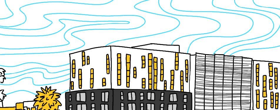 Line drawing of a building with a palm tree and the sky above