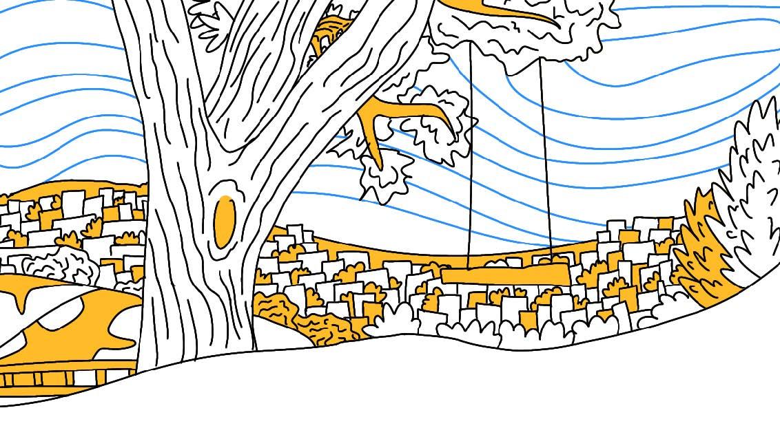 A large tree stands in the foreground with a swing hanging from it. The City's skyline flows in the background with a stylized sky above.