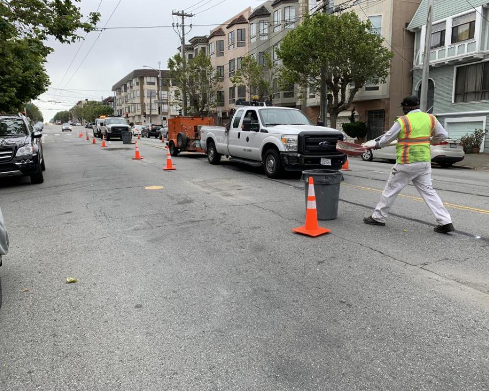 Paint Shop starting to put in new lines on California Street