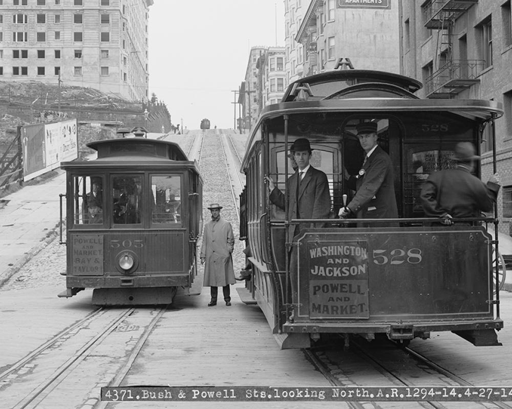 Cable Cars 505 and 528 at Bush and Powell Streets Looking North Towards Fairmont Hotel | April 27, 1914
