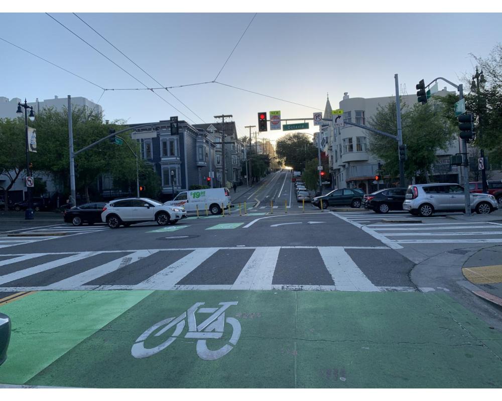 View of bikeway improvements at Page Street and Octavia Boulevard, facing west