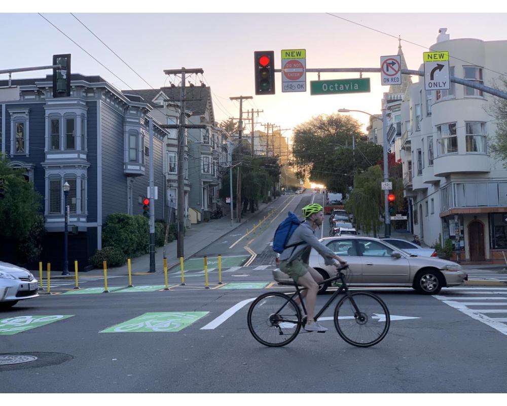Closer view of bikeway improvements at Page Street and Octavia Boulevard, facing west
