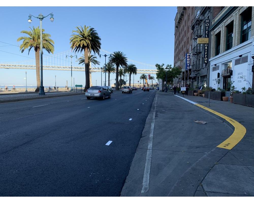 View of southbound The Embarcadero between Mission to Howard streets after the road was repaved, looking south