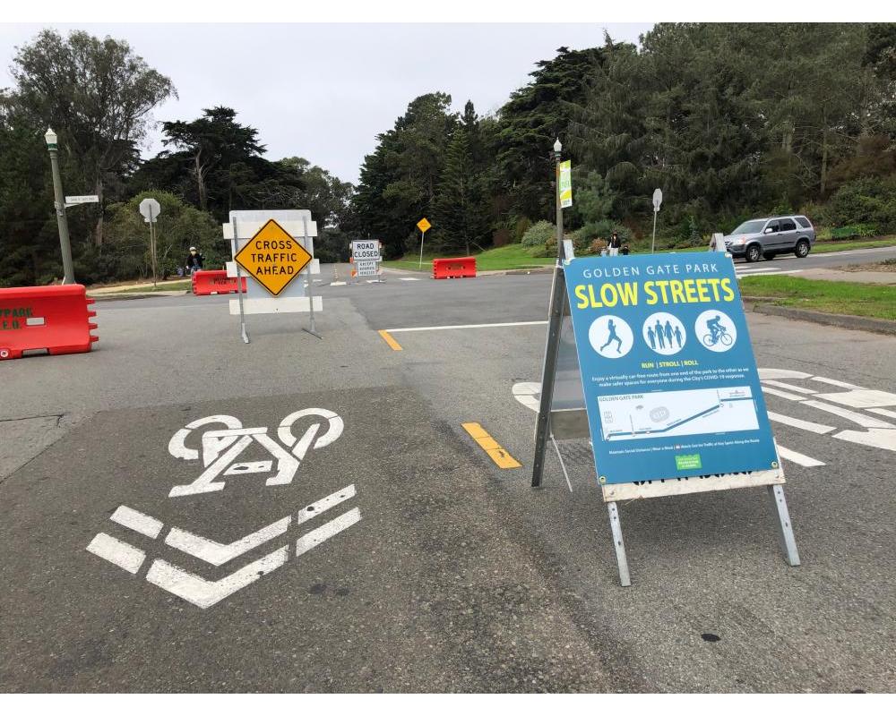 Golden Gate Park Slow Streets signs and barriers