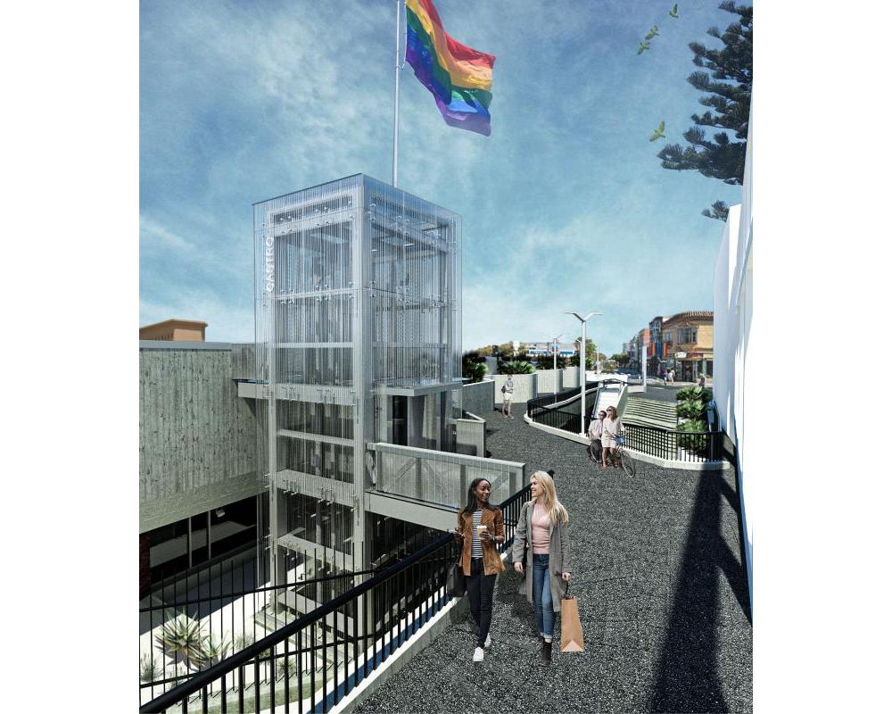 Harvey Milk Plaza Back view with Elevator and walkway