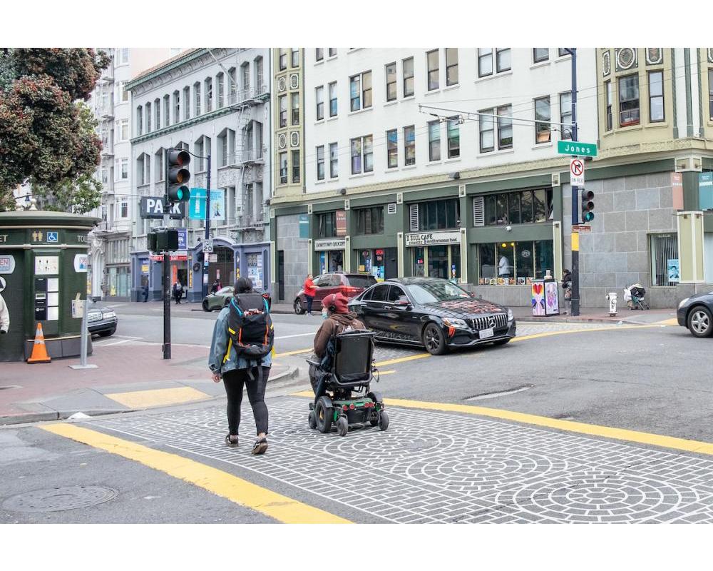 Pedestrians crossing on Jones Street