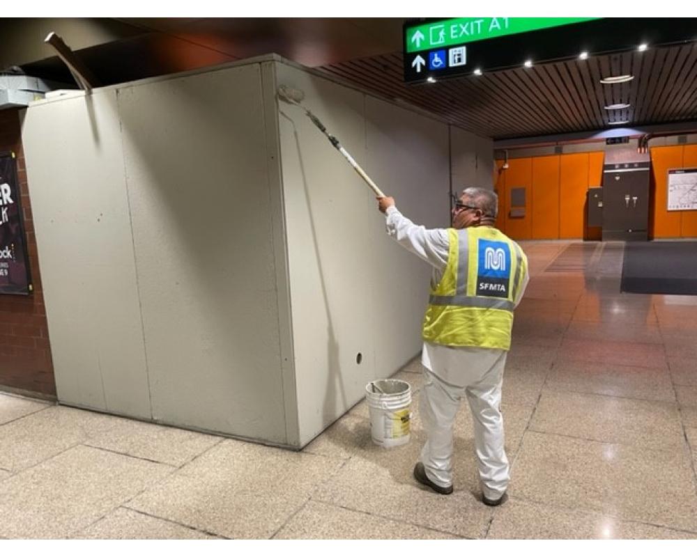 The SFMTA Paint Shop applies fresh coat of paint for graffiti abatement 