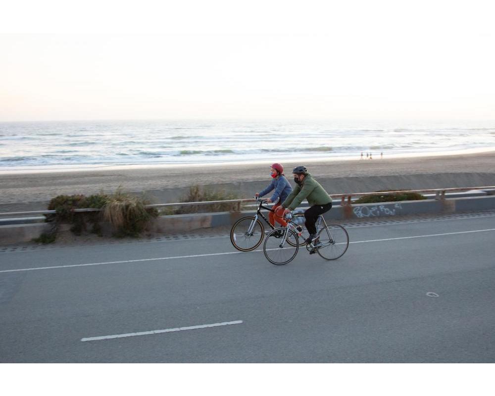 Bicyclists riding along Great Highway