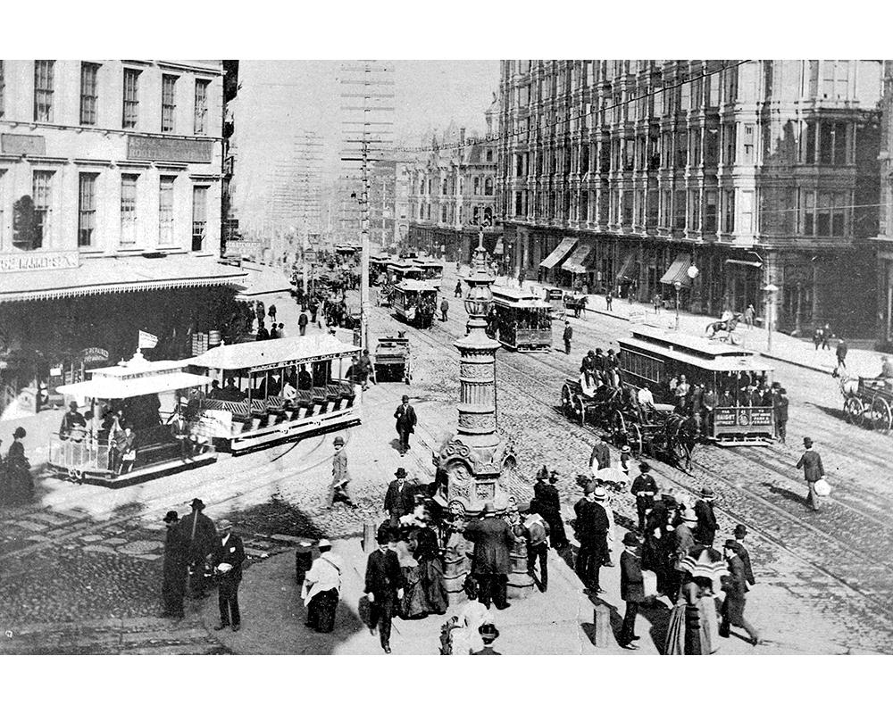 1880s View of Market From Intersection at Kearny and Geary Streets Showing Geary Street Cable Car of Geary Railroad Circa 1880s