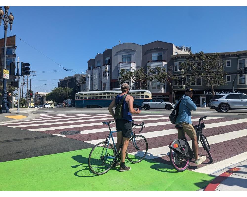 Decorative pavement and people biking