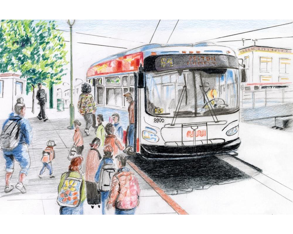 An illustration of people boarding a Muni bus from the sidewalk in San Francisco.