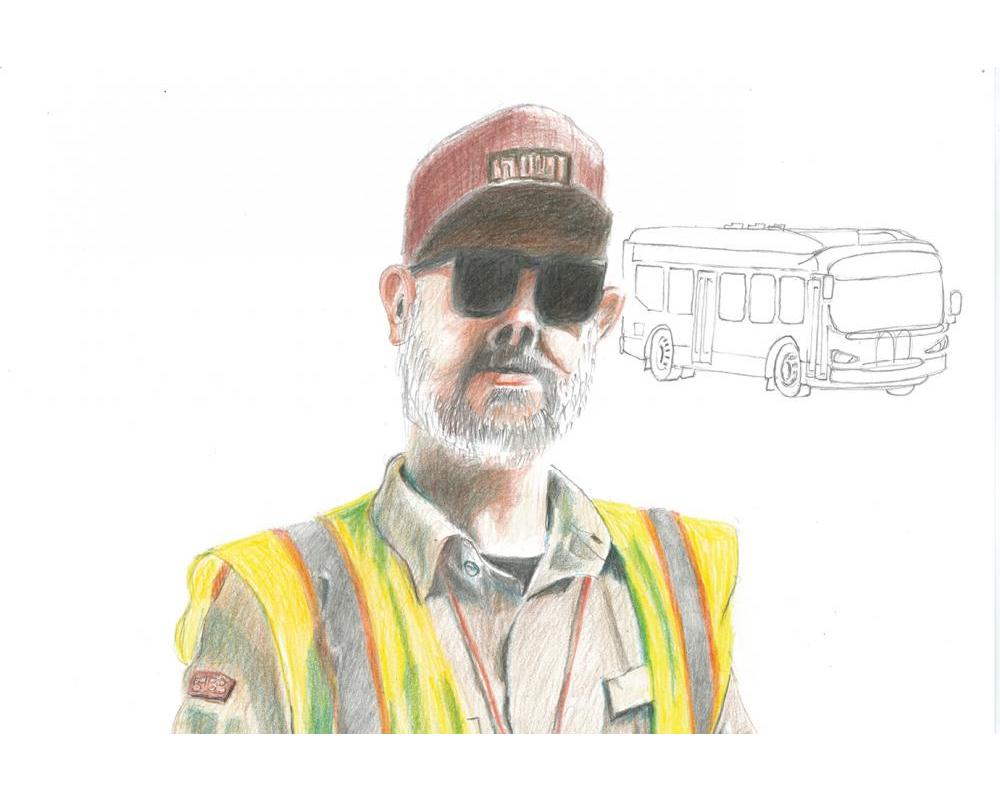 A portrait illustration of a man wearing a yellow vest, sunglasses and a red hat with a sketch of a bus in the background.