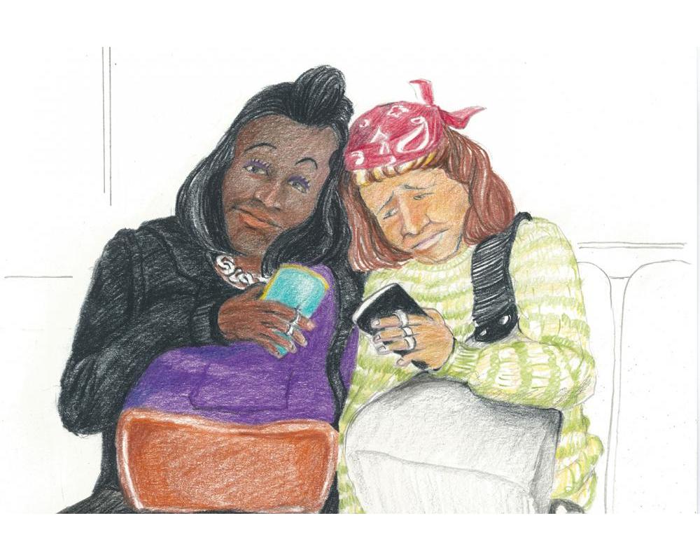 A portrait illustration of two women holding smartphones with one looking at the camera and the other looking at her phone.