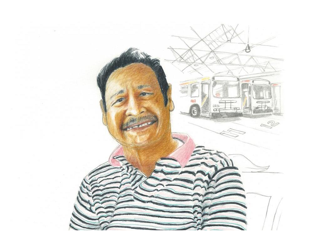 A portrait illustration of a man smiling with two buses in the background.