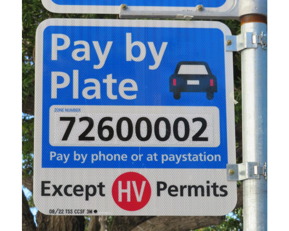 Signs on Pay or Permit blocks show which permits are exempt from payment. Use the 8-digit code when paying via using PayByPhone.