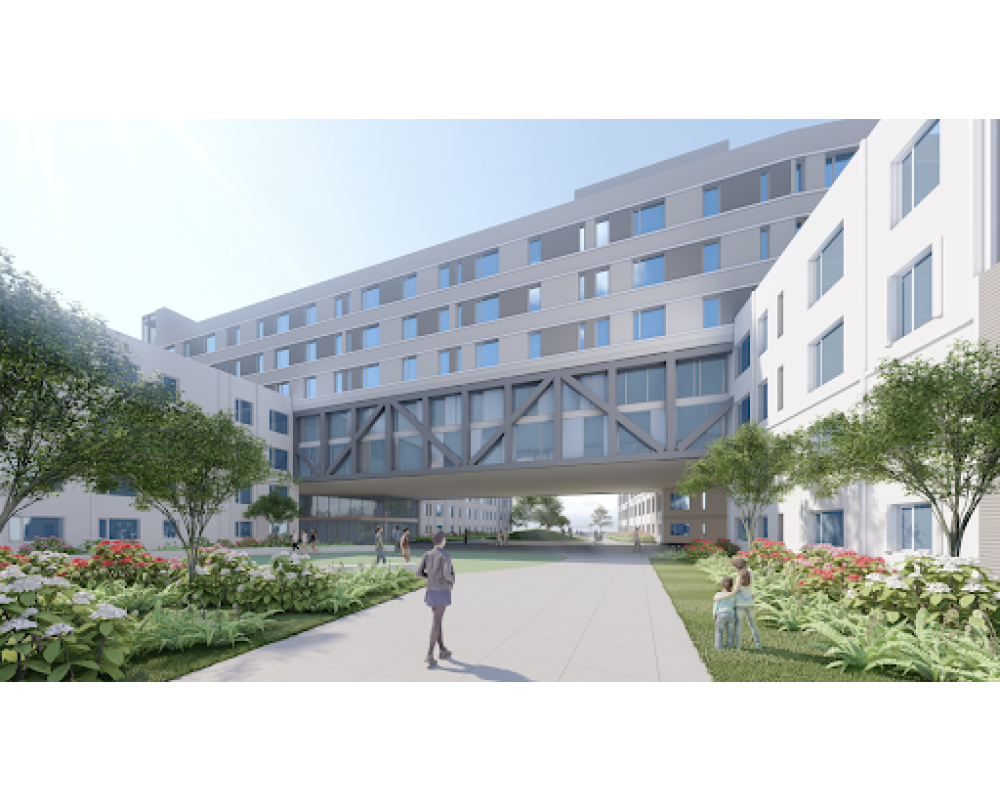 Rendering of proposed housing above the bus facility with garden space