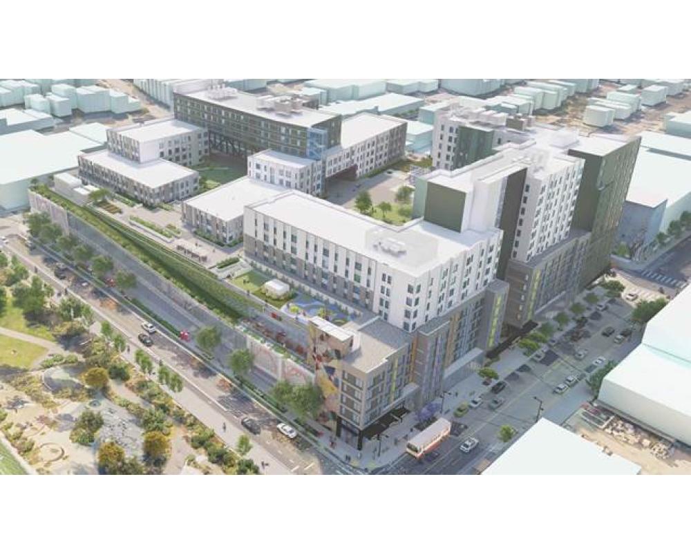 Rendering of an Aerial view from the northwest of the bus facility and proposed housing