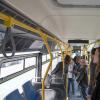 People viewing Muni Art installed in a bus.