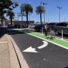 View of southbound The Embarcadero between Mission to Howard streets after repaving with an improved bike lane, looking north