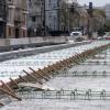 Photo of roadway under construction with cement base with rebar on Van Ness Avenue