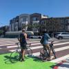 Decorative pavement and people biking