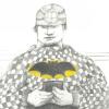 A black and white drawing of a man looking at a smartphone and wearing a shirt that has a yellow and black "Batman" logo.