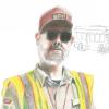 A portrait illustration of a man wearing a yellow vest, sunglasses and a red hat with a sketch of a bus in the background.