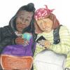 A portrait illustration of two women holding smartphones with one looking at the camera and the other looking at her phone.