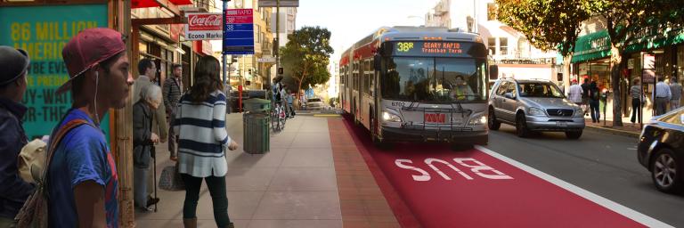Rendering of a typical bus stop proposed by the Geary Rapid Project with 38R Muni bus in background