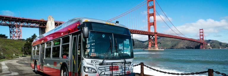 Image of Muni bus at fort point under golden gate bridge