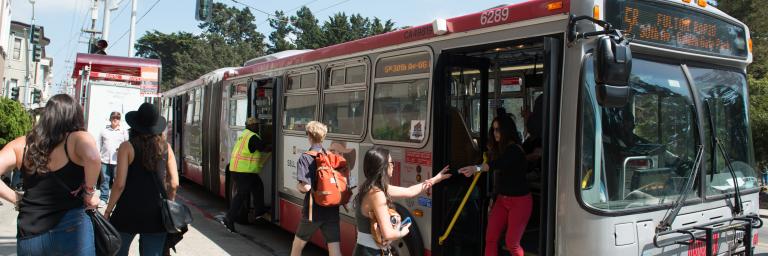 5R bus with boarding passengers during Outside Lands Music Festival