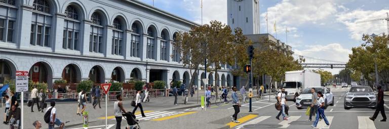 Illustrative rendering of a two-way protected bikeway in front of the Ferry Building with raised crosswalk