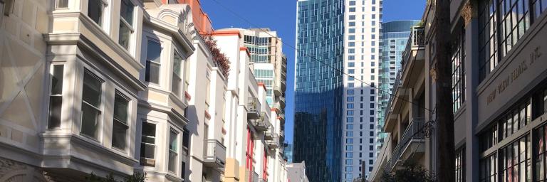 streetscape with tall buildings