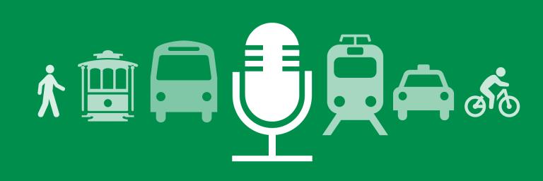 new podcast graphic shows icons of a bus, cable car, bike and other types of transportation with a microphone centered