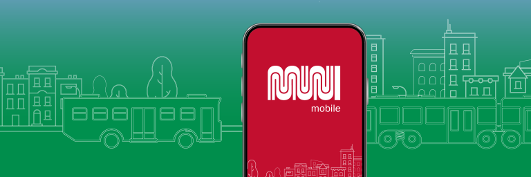MuniMobile line art of a cityscape and Muni bus. Mobile phone in the foreground with the MuniMobile logo.