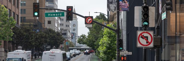 Traffic signals on 2nd Street at Howard