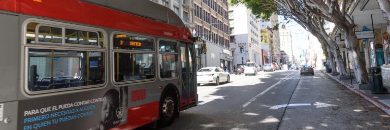 A 2 Sutter coach driving past trees downtown San Francisco.