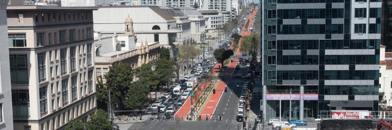 View up Van Ness of the Bus Rapid Transit lanes