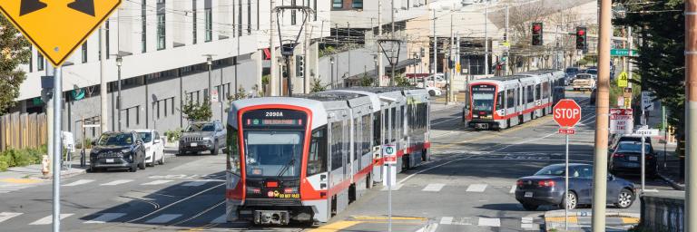 Two M Oceanview Trains near the Balboa Park Station