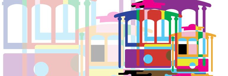 Collage of cable car drawings in the pride flag colors
