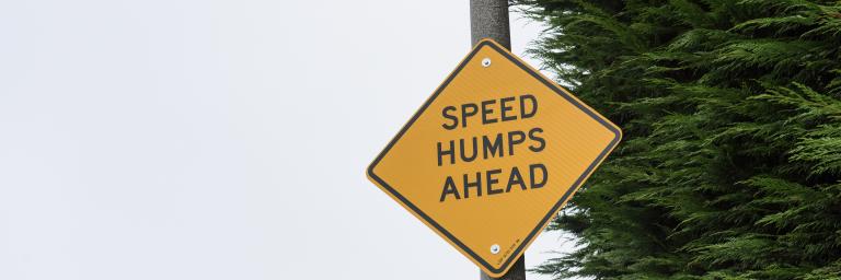 Yellow sign reads "Speed Humps Ahead"