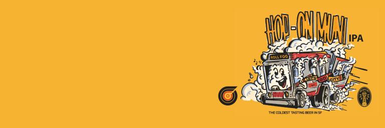 "Hop on Muni" beer label with "Roll Fog" bound Muni bus. Standard Deviant and San Francisco City Football Club logos