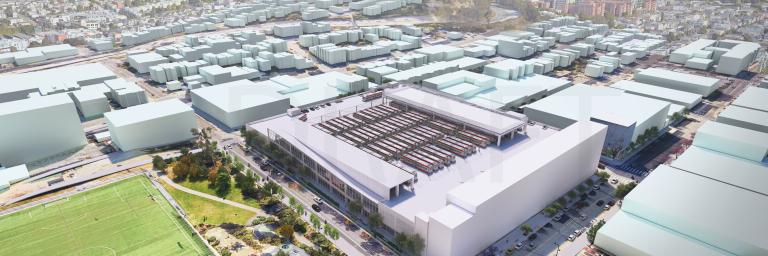 rendering showing modern bus facility with adjacent housing units