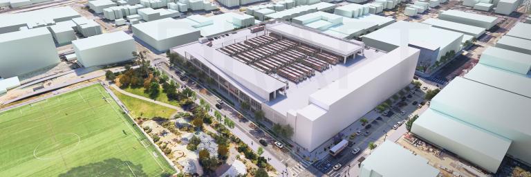 Aerial rendering of that the new Potrero Yard would look like next to Jackson Park 