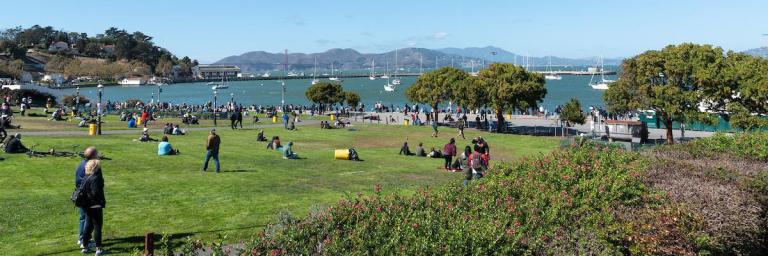 People around Aquatic Park enjoying a sunny day