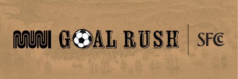 Muni Goal Rush Logo in front of a historic illustration of the city skyline